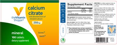 Photo of the The Vitamin Shoppe Calcium Citrate 250 mg label