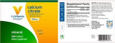 Photo of the The Vitamin Shoppe Calcium Citrate 250 mg label