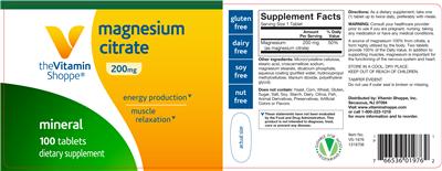 Photo of the The Vitamin Shoppe Magnesium Citrate 200 mg label