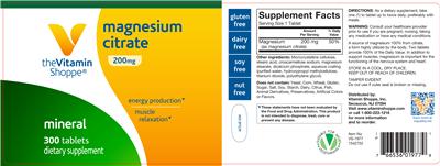 Photo of the The Vitamin Shoppe Magnesium Citrate 200 mg label