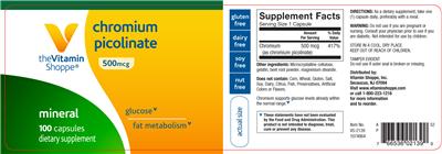 Photo of the The Vitamin Shoppe Chromium Picolinate 500 mcg label
