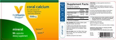 Photo of the The Vitamin Shoppe Coral Calcium 1500 mg label