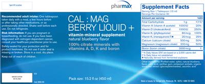 Photo of the Pharmax Cal : Mag Berry Liquid + Natural Blueberry Flavor label
