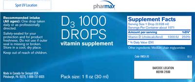 Photo of the Pharmax D3 1000 Drops label