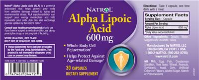 Photo of the Natrol Alpha Lipoic Acid 600 mg label