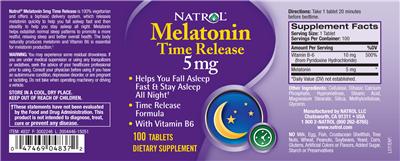 Photo of the Natrol Melatonin Time Release 5 mg label