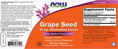 Photo of the NOW Grape Seed 60 mg - Standardized Extract label