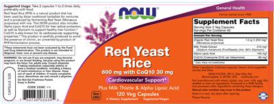 Photo of the NOW Red Yeast Rice 600 mg With CoQ10 30 mg label