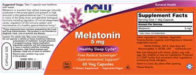 Photo of the NOW Melatonin 5 mg label