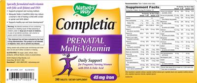 Photo of the Nature's Way Completia Prenatal Multi-Vitamin label