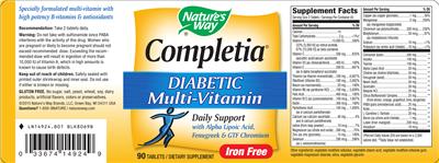 Photo of the Nature's Way Completia Diabetic Multi-Vitamin label
