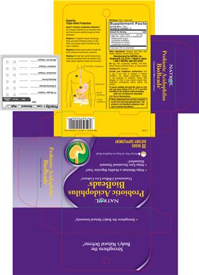 Photo of the Natrol Probiotic Acidophilus BioBeads label
