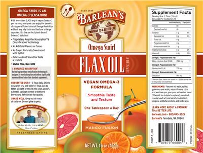 Photo of the Barlean's Omega Swirl Flax Oil Mango Fusion label