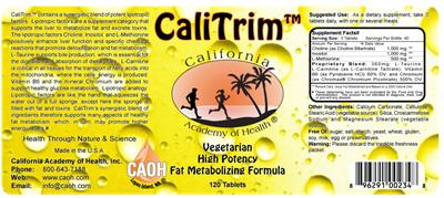 Photo of the California Academy of Health CaliTrim label