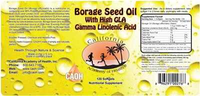Photo of the California Academy of Health Borage Seed Oil with High GLA Gamma Linolenic Acid label