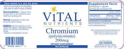 Photo of the Vital Nutrients Chromium (Polynicotinate) 200 mcg label