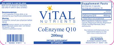 Photo of the Vital Nutrients Coenzyme Q10 200 mg label