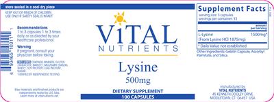 Photo of the Vital Nutrients Lysine 500 mg label