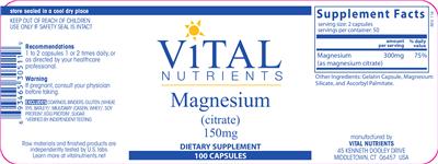 Photo of the Vital Nutrients Magnesium (Citrate) 150 mg label
