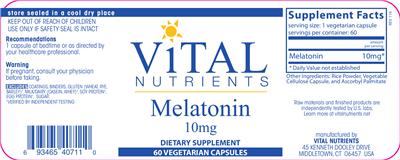 Photo of the Vital Nutrients Melatonin 10 mg label