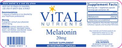 Photo of the Vital Nutrients Melatonin 20 mg label