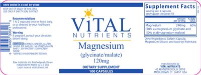Photo of the Vital Nutrients Magnesium (Glycinate/Malate) 120 mg label
