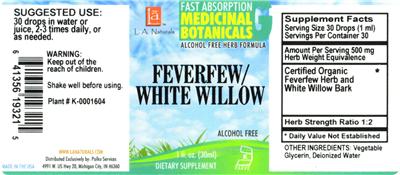 Photo of the L.A. Naturals Feverfew/White Willow label