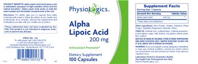 Photo of the PhysioLogics Alpha Lipoic Acid 200 mg label