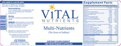 Photo of the Vital Nutrients Multi-Nutrients (No Iron or Iodine) label