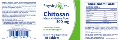Photo of the PhysioLogics Chitosan 500 mg label