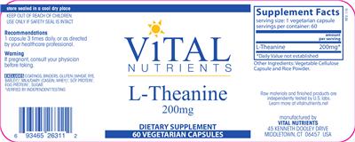 Photo of the Vital Nutrients L-Theanine 200 mg label