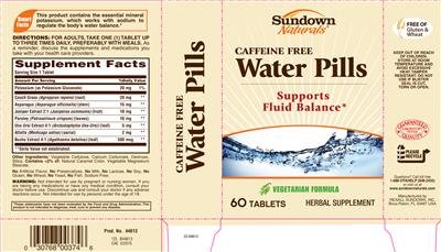 Photo of the Sundown Naturals Caffeine Free Water Pills label