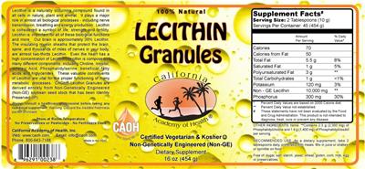 Photo of the California Academy of Health 100% Natural Lecithin Granules label