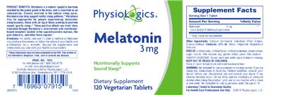 Photo of the PhysioLogics Melatonin 3 mg label