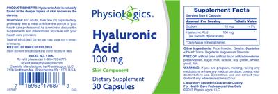 Photo of the PhysioLogics Hyaluronic Acid 100 mg label