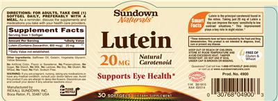 Photo of the Sundown Naturals Lutein 20 mg label