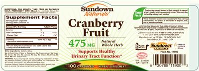 Photo of the Sundown Naturals Cranberry Fruit 475 mg label