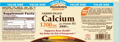 Photo of the Sundown Naturals Liquid-Filled Calcium Plus Vitamin D3 1000 IU label