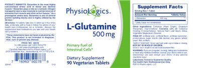 Photo of the PhysioLogics L-Glutamine 500 mg label
