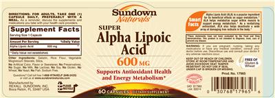 Photo of the Sundown Naturals Super Alpha Lipoic Acid 600 mg label