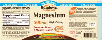 Photo of the Sundown Naturals Magnesium 500 mg label