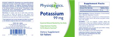 Photo of the PhysioLogics Potassium 99 mg label