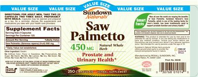 Photo of the Sundown Naturals Saw Palmetto 450 mg label