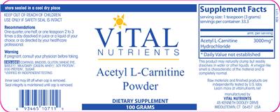 Photo of the Vital Nutrients Acetyl L-Carnitine Powder label