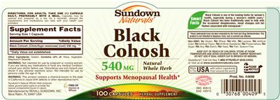 Product label for Black Cohosh 540 mg