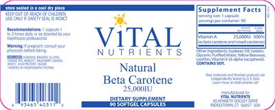 Photo of the Vital Nutrients Natural Beta Carotene 25,000 IU label