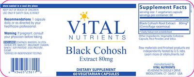 Photo of the Vital Nutrients Black Cohosh Extract 80 mg label