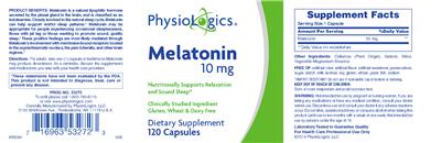 Photo of the PhysioLogics Melatonin 10 mg label