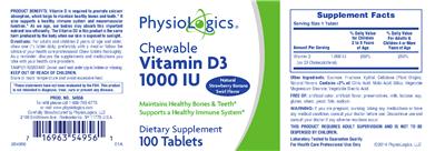 Photo of the PhysioLogics Chewable Vitamin D3 1000 IU Natural Strawberry Banana Flavor label