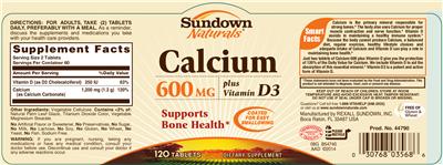 Photo of the Sundown Naturals Calcium 600 mg Plus Vitamin D3 label